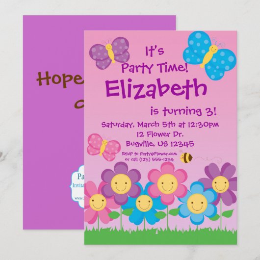 Boterfly en Flowers Birthday Party Invitation Kaart (Voorkant / Achterkant)