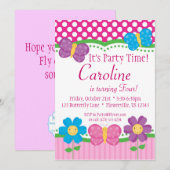 Boterfly en Flowers Birthday Party Invitation Kaart (Voorkant / Achterkant)