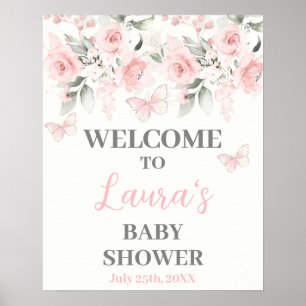 Boterfly en roze Floral Baby shower Welkomstbord Poster