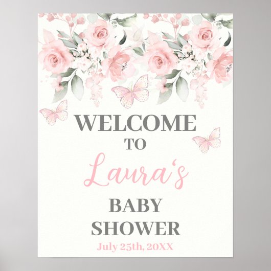 Boterfly en roze Floral Baby shower Welkomstbord Poster (Voorkant)