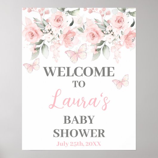 Boterfly en roze Floral Baby shower Welkomstbord Poster (Voorkant)