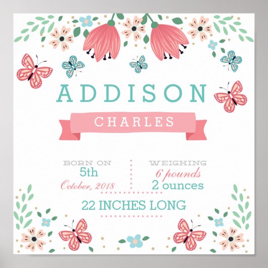 Boterfly Floral Garden Baby Stats Poster (Voorkant)