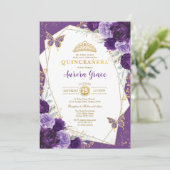Boterfly Floral Quinceañera Violet Gold Geometric Kaart (Staand voorkant)