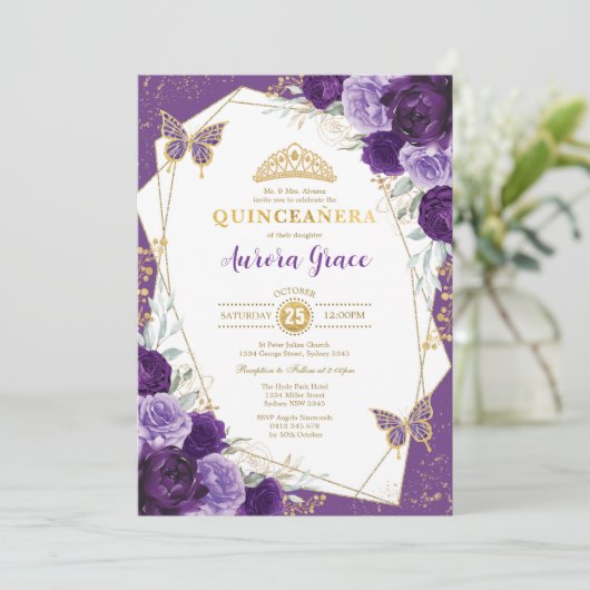 Boterfly Floral Quinceañera Violet Gold Geometric Kaart (Staand voorkant)