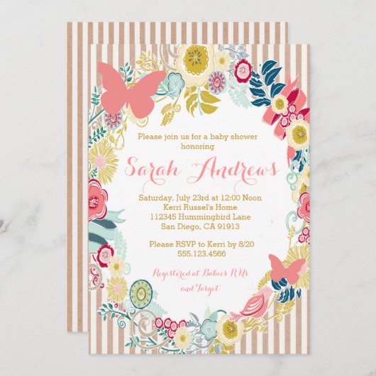 Boterfly Floral roze Baby shower Girl-uitnodiging Kaart (Voorkant / Achterkant)