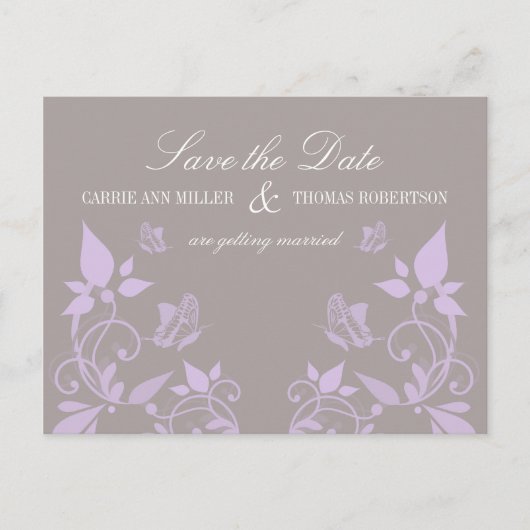 Boterfly Floral Save the Date Briefkaart, Lila Aankondigingskaart (Voorkant)