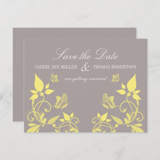 Boterfly Floral Save the Date Briefkaart, Yellow Aankondigingskaart (Voorkant / Achterkant)
