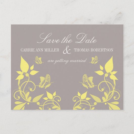 Boterfly Floral Save the Date Briefkaart, Yellow Aankondigingskaart (Voorkant)