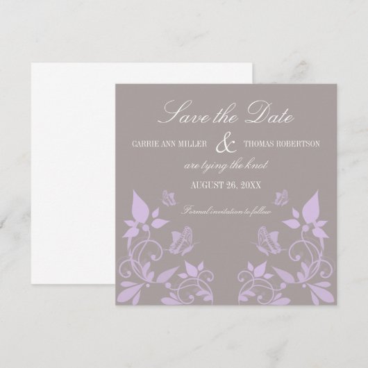 Boterfly Floral Save the Date Invite, Lila (Voorkant / Achterkant)