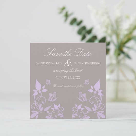 Boterfly Floral Save the Date Invite, Lila (Staand voorkant)