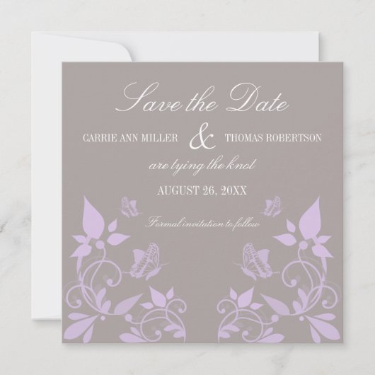 Boterfly Floral Save the Date Invite, Lila (Voorkant)