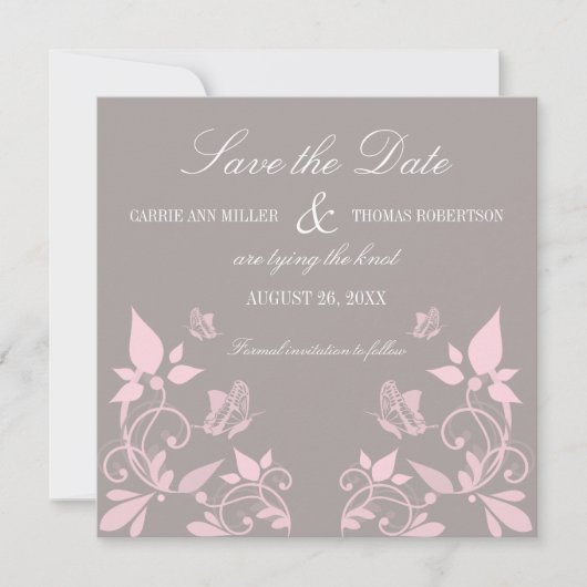 Boterfly Floral Save the Date Invite, Roze (Voorkant)