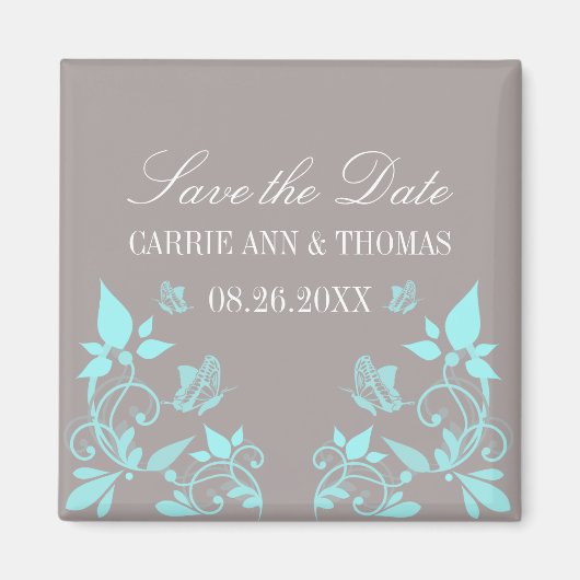 Boterfly Floral Save the Date Magnet, Aqua Magneet (Voorkant)