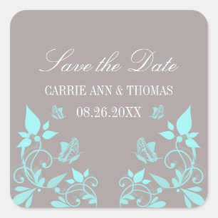 Boterfly Floral Save the Date Stickers, Aqua Vierkante Sticker