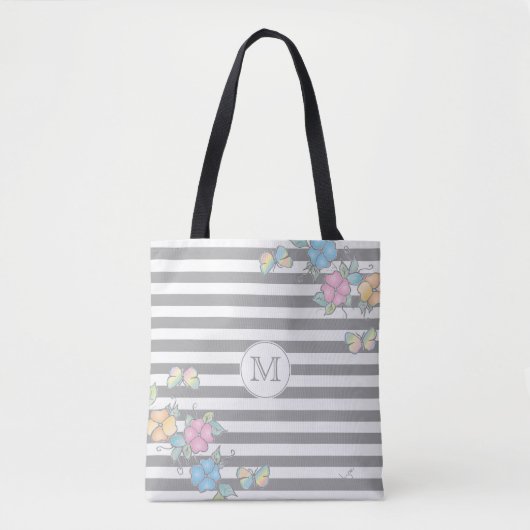 Boterfly Floral Striped Monogram Grey Tote Bag (Voorkant)