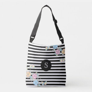 Boterfly Floral Striped MonogramBlack Crossbody Tas
