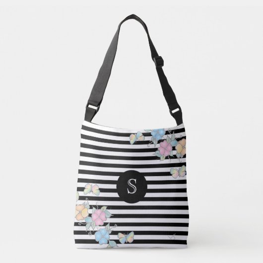 Boterfly Floral Striped MonogramBlack Crossbody Tas (Voorkant)