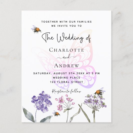 Boterfly floral violet budget bruiloft-uitnodiging (Voorkant)