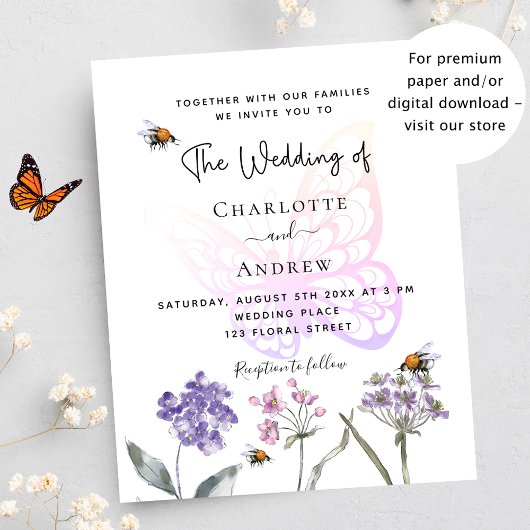 Boterfly floral violet budget bruiloft-uitnodiging