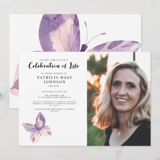Boterfly Funeral Celebration of Life Photo Invita Kaart (Voorkant / Achterkant)