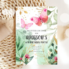 Boterfly Garden Floral Flowers Pink Gold Birthday Kaart