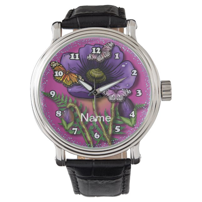 Boterfly Paarse papaver Horloge (Voorkant)
