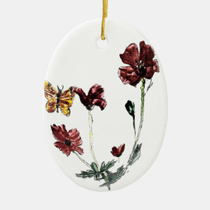 Boterfly Poppy Flowers Floral Keramisch Ornament