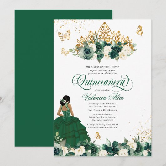 Boterfly Quinceanera, groene Waterverf Kaart (Voorkant / Achterkant)