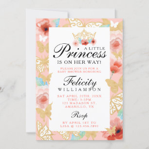 Boterfly Royal Floral Crown Pink Gold Invitation Kaart