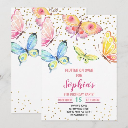 Boterfly Spring Summer Girl Birthday Invitation Kaart (Voorkant / Achterkant)