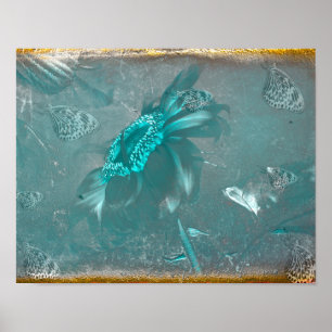 Boterfly Sunflower Blauwgroen Gold  Antiek Poster