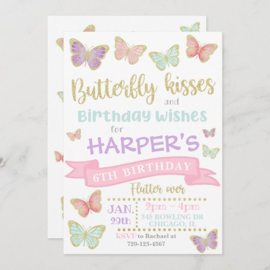 Boterfly-uitnodiging | Boterfly Birthday Invite Kaart (Voorkant / Achterkant)