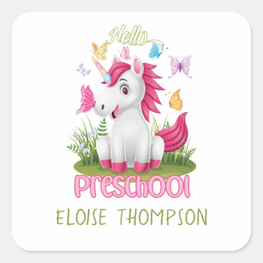 Boterfly Unicorn Preschool Terug naar school Vierkante Sticker (Voorkant)