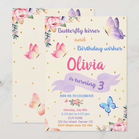 Boterfly verjaardagsuitnodiging Butterfly kisses Kaart (Voorkant / Achterkant)