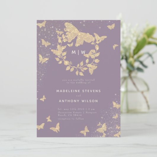 Boterfly Weddenschap Lila gouden monogrammen Elega Kaart (Staand voorkant)