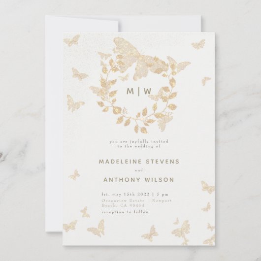 Boterfly Wedding Gold Monogrammen met grote elegan Kaart (Voorkant)