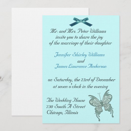 Boterfly Wedding Invitation Kaart (Voorkant / Achterkant)