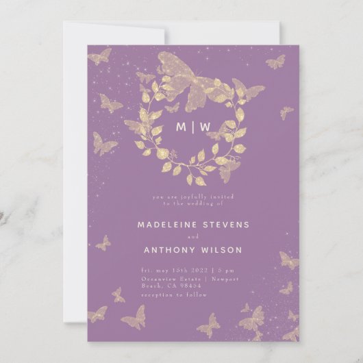 Boterfly Wedding Lavender Gold Monogrammen Elegant Kaart (Voorkant)