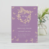 Boterfly Wedding Lavender Gold Monogrammen Elegant Kaart (Staand voorkant)