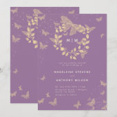 Boterfly Wedding Lavender Gold Monogrammen Elegant Kaart (Voorkant / Achterkant)