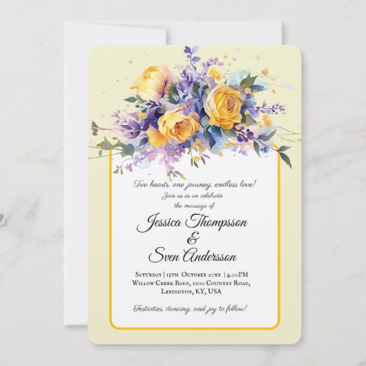 Botergeel Bloemen Waterverf Elegant Huwelijk Kaart (Voorkant)