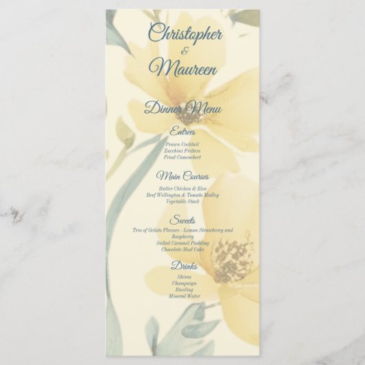 Botergeel Bord Blauw Bloemen Waterverf bruiloft Menu (Voorkant)