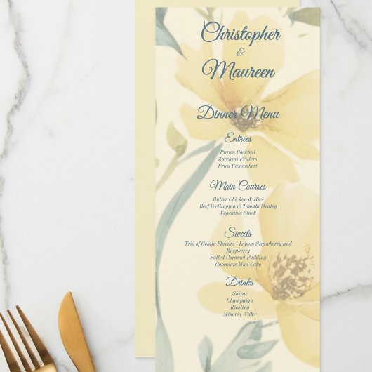 Botergeel Bord Blauw Bloemen Waterverf bruiloft Menu