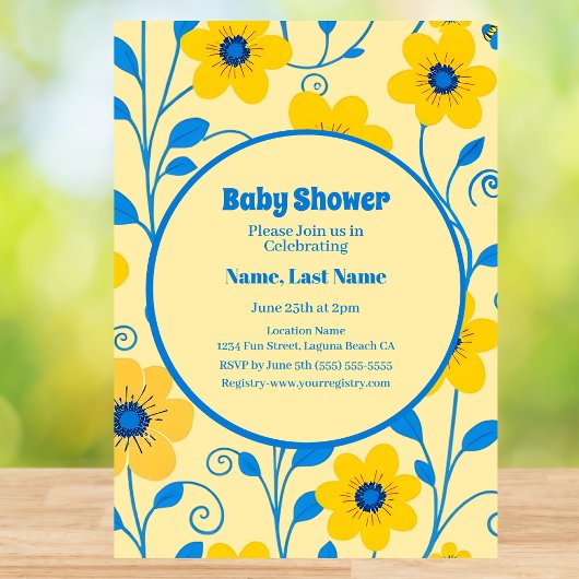 Botergeel en Blauw Bloemen-Baby shower Kaart