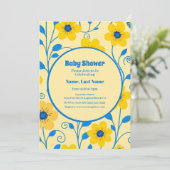 Botergeel en Blauw Bloemen-Baby shower Kaart (Staand voorkant)
