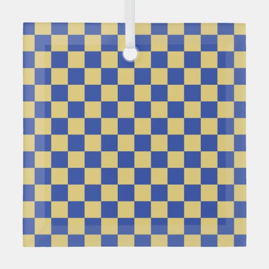 Botergeel en blauw geruit bordpatroon glas ornament (Voorkant)