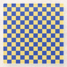 Botergeel en blauw geruit bordpatroon glazen onderzetter