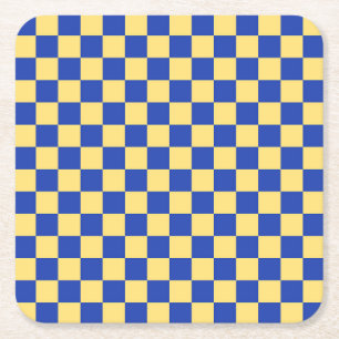 Botergeel en blauw geruit bordpatroon kartonnen onderzetters