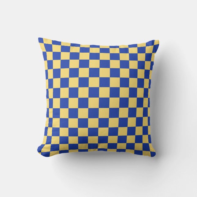 Botergeel en blauw geruit bordpatroon kussen (Voorkant)
