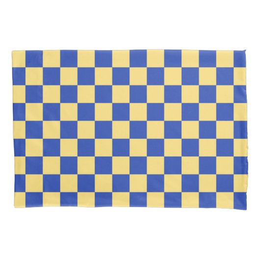 Botergeel en blauw geruit bordpatroon kussensloop (Voorkant-Links)